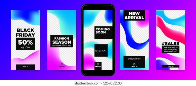 Stories Templates for Social Media. Photo Frame with Colorful Fluid Shapes. Abstract Covers Set for Fashion Photo Presentation on Stories. Sale Advertising Concept. Phone Screen Design for Web Story.