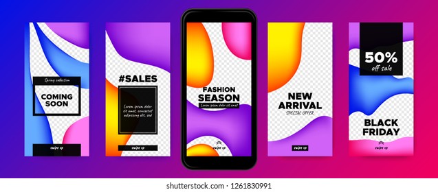 Stories Templates for Social Media. Photo Frame with Colorful Fluid Shapes. Abstract Covers Set for Fashion Photo Presentation on Stories. Sale Advertising Concept. Phone Screen Design for Web Story.