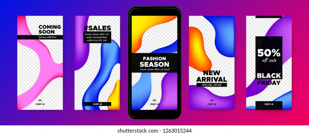 Stories Templates for Social Media. Photo Frame with Colorful Fluid Shapes. Abstract Covers Set for Fashion Photo Presentation on Stories. Sale Advertising Concept. Phone Screen Design for Web Story.