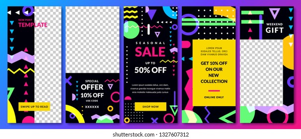 Stories vector template for Instagram social network. Story geometric abstract black background. Trendy design for fashion sale and special offer flyers.