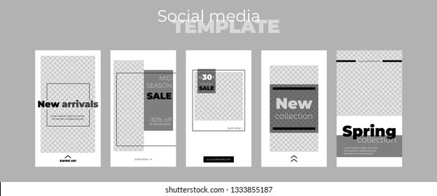 Stories vector templates pack. Set of social media frames. Editable layouts for business story: new arrival, new collection, sale, store announcement. Black and white minimalistic design.