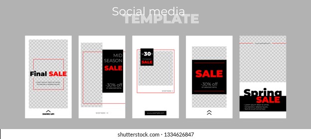 Stories vector templates pack. Set of social media photo frames. Editable  layouts for business story: new arrival, new collection, sale. Black and white minimalistic design.