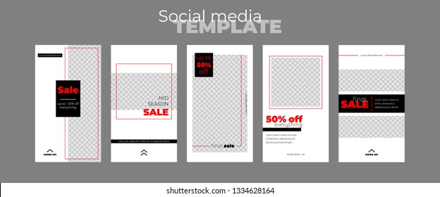 Stories vector templates pack. Set of social media photo frames. Editable  layouts for business story: new arrival, new collection, sale. Black and white minimalistic design.