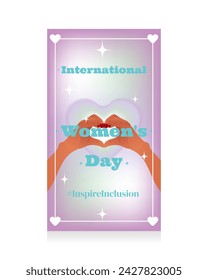 Stories in y2k style for International Women's Day. Two hands showing a heart symbol on a y2k gradient blurred background in 2000 aesthetic style. Pastel colors. Vector illustration.