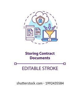 Storing Contract Documents Concept Icon. Contract Management Software Functions. Storing Physical Copies Idea Thin Line Illustration. Vector Isolated Outline RGB Color Drawing. Editable Stroke