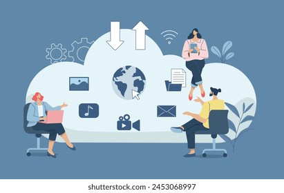 Storing important information of a company or organization in cloud technology, Secure connection, Cloud security, Business team working with computers via secure online system. Vector illustration.