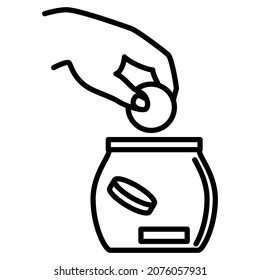 Storing Money At Home In A Glass Jar. The Hand Drops The Coin Into A Glass Jar. Vector Icon, Outline, Isolated. Editable Stroke.