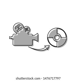 Storing video data to compact disk sign. Black line icon with gray shifted flat filled icon on white background. Illustration. svg