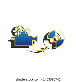 Storing video data to compact disk sign. Blue icon with gold contour with dark gray shadow at white background. Illustration.