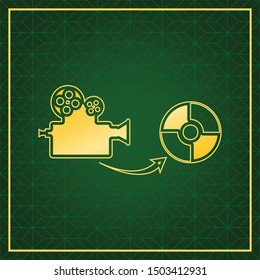 Storing video data to compact disk sign. Golden icon with gold contour at dark green gridded white background. Illustration.