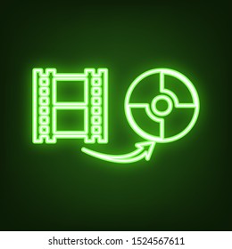 Storing video data to compact disk sign. Green neon icon in the dark. Blurred lightening. Illustration.
