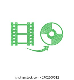 Storing video data to compact disk sign. Green scribble Icon with solid contour on white background. Illustration.