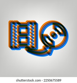 Storing video data to compact disk sign. Stroked Icon in orange, azure and old lavender Colors at gray Background. Illustration.