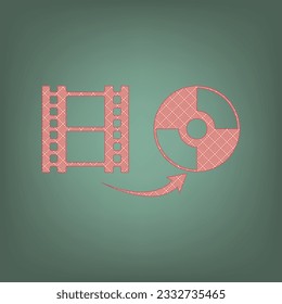 Storing video data to compact disk sign. Apricot Icon with Brick Red parquet floor graphic pattern on a Ebony background. Feldgrau. Green. Illustration.