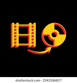Storing video data to compact disk sign. 3D Extruded Yellow Icon with Red Sides a Black background. Illustration.