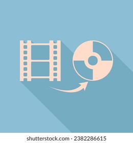 Storing video data to compact disk sign. Unbleached silk Icon with very long shadow at dark sky blue background. Illustration.