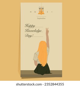 Storis for social networks Happy Knowledge Day! The girl from the back with the Pis sign. The first of September in social networks. The first school day.