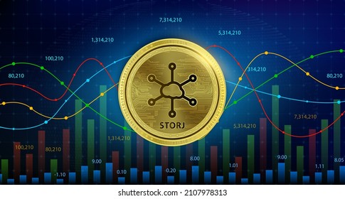 Storj (STORJ) moneda criptodivisa blockchain tecnología de sustitución de divisas digital futura moneda alternativa, tabla de oro plateado, números arriba en segundo plano. Ilustración vectorial 3D.