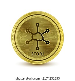 Dibujo del vector 3D de la moneda de oro de Storj (STORJ). aislado de fondo blanco. Símbolo de negocios de oro moderno, dinero. Cryptocurrency blockchain (moneda cripto).  