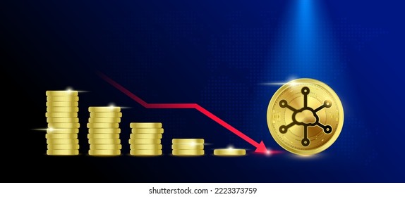 Storj (STORJ) on blue background. Stablecoin blockchain token price down from pile of gold coins.There is space to enter message. Nice for cryptocurrency and digital money concept.