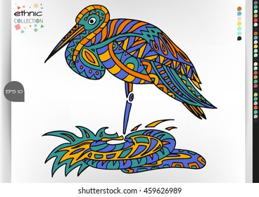 Stork. Animal patterns with hand-drawn doodle waves and lines. Vector illustration in bright colors.