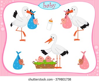 Stork With Babies - Vector set of three storks with different set of babies. Eps10