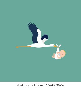 Stork with baby. Bird flying deliver newborn baby. Cartoon vector illustration. 