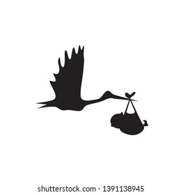 stork and baby black on white background
