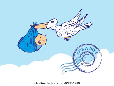 Stork Baby Boy Delivery with Stamp. Editable Clip Art.