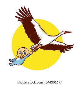 Stork with Baby Boy Sticker Vector Illustration