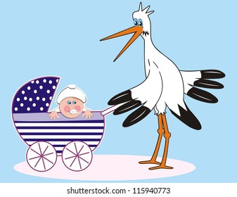 Stork and baby boy in a stroller, vector illustration