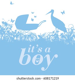 Stork and baby carriage with it's a boy