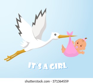 Stork and baby. Stork carries a baby in a diaper.