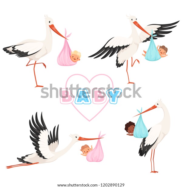 コウノトリと赤ちゃん 新生児のおしゃぶりと一緒に飛ぶかわいい鳥の小さな子どもベクター漫画のマスコットのおかしなポーズ 出産後の赤ちゃんとコウノトリの イラスト のベクター画像素材 ロイヤリティフリー 1202890129