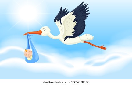 Stork baby delivering newborn boy illustration