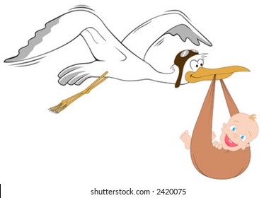 Stork with baby. Detailed vector.