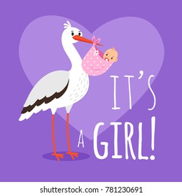 Stork with baby girl. Birth announcement card template with stork carrying girl for baby shower card vector illustration