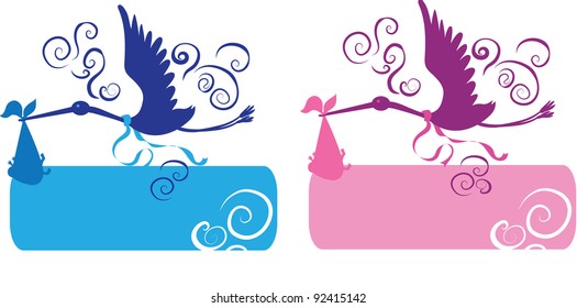 Stork and baby for girl and boy silhouettes