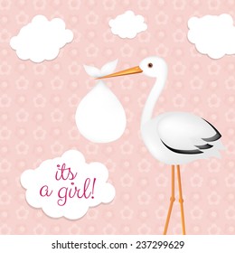 Stork With Baby Girl With Gradient Mesh, Vector Illustration