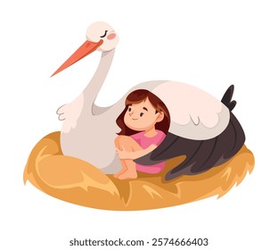 Stork with Baby Girl in Nest Embrace with Wing Vector Illustration