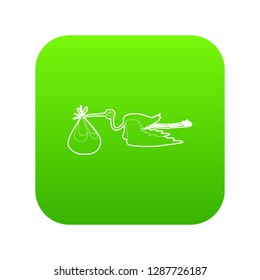 Stork with baby icon green vector isolated on white background