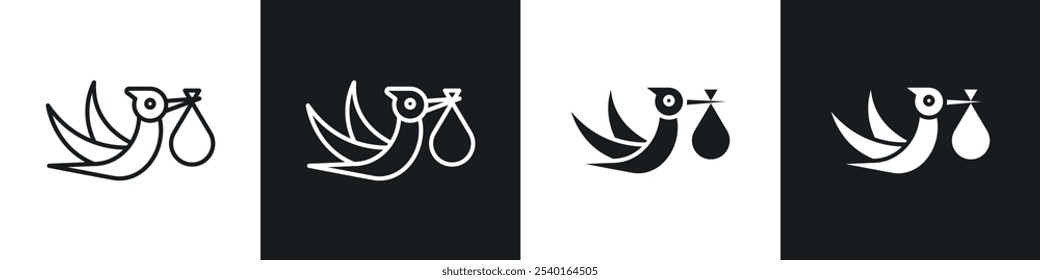 Cigüeña con conjunto de iconos de bebé. Símbolos de Vector en colores blanco y negro.