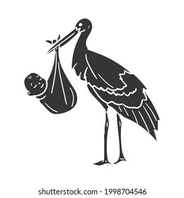 Stork With Baby Icon Silhouette Illustration. New Born Vector Graphic Pictogram Symbol Clip Art. Doodle Sketch Black Sign.