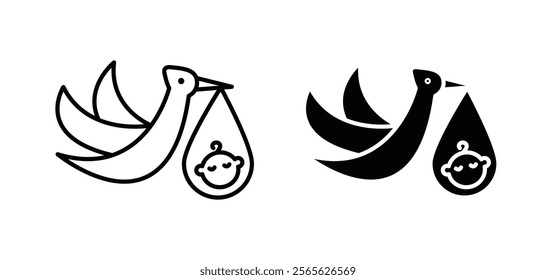 Stork with baby icons in black and white colors