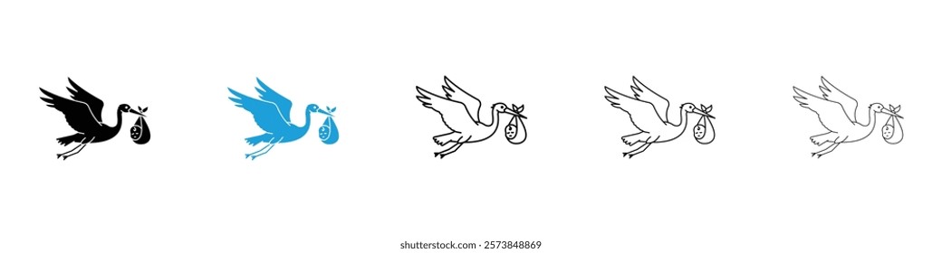 Stork with baby icons in filled and 3 stroke weights