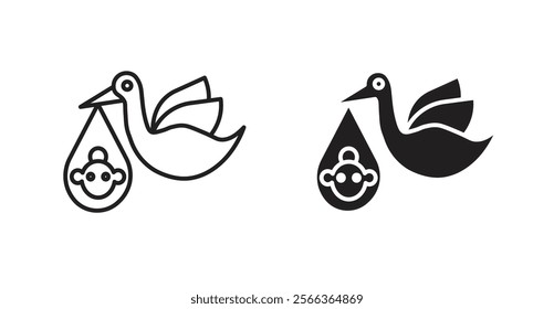 Stork with baby icons in line stroke and flat versions