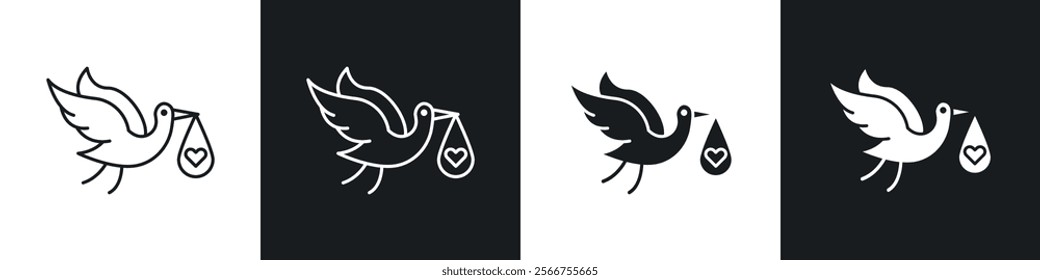 Stork with baby icons in Thin line black color. flat simple vector symbols illustration.