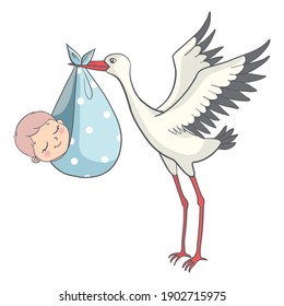 Stork with Baby Invitation Card Vector Cartoon. Cute baby shower pregnancy announcement design illustration