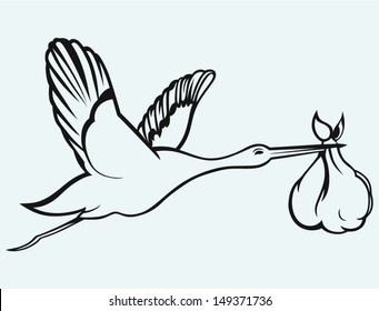 Stork with baby isolated on blue background