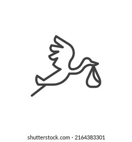 Stork and baby line icon. linear style sign for mobile concept and web design. Bird with newborn baby outline vector icon. Symbol, logo illustration. Vector graphics